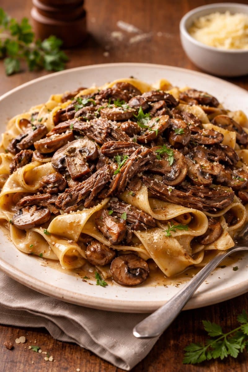 Wide flat noodles served with sautéed mushrooms.
