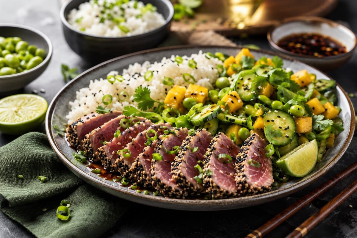 Tataki de thon mariné au ponzu, salade asiatique croquante et riz au jasmin