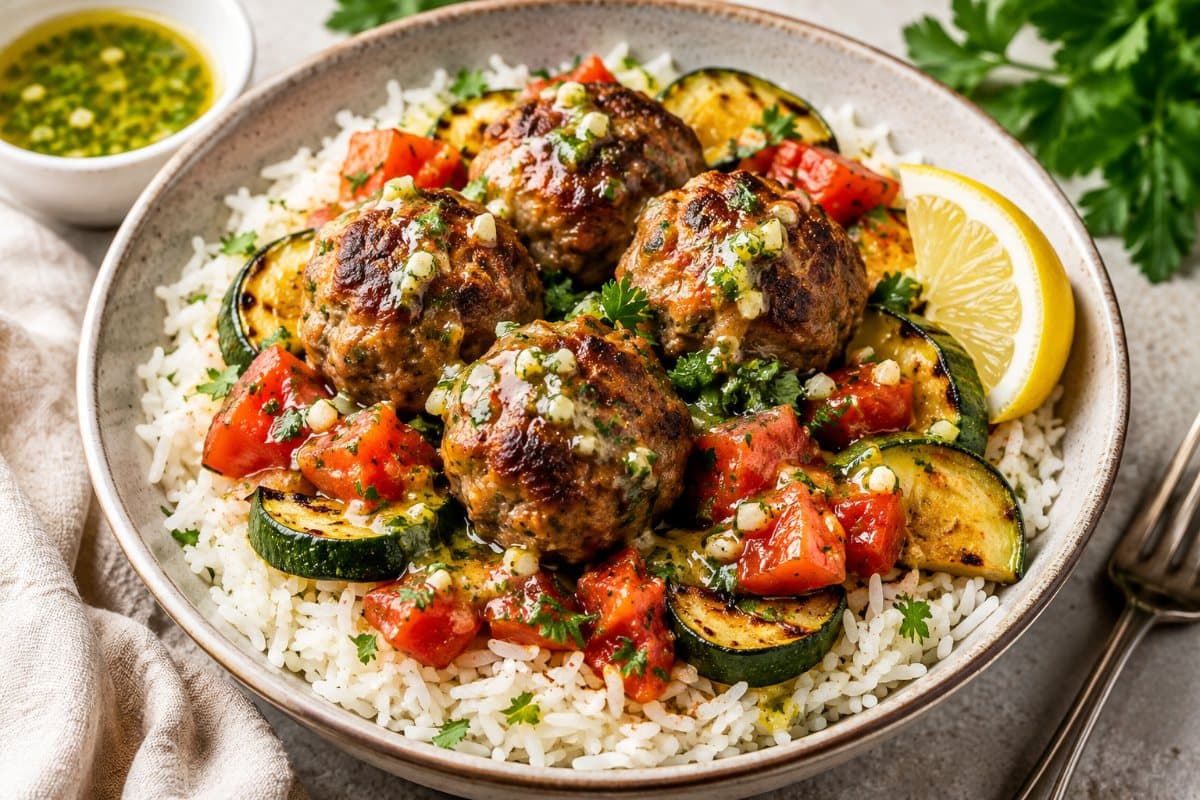 Boulettes de porc méditerranéennes, courgettes et riz basmati