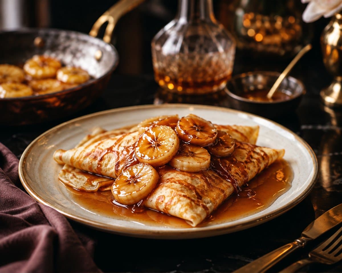 Crêpes aux bananes flambées au rhum brun et sirop d’érable