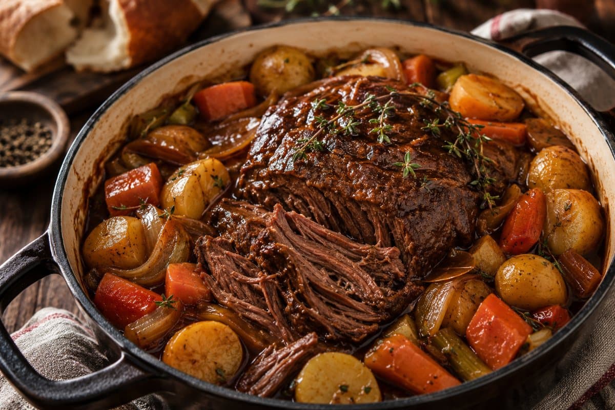 Rôti de palette désossé braisé, sauce riche aux oignons