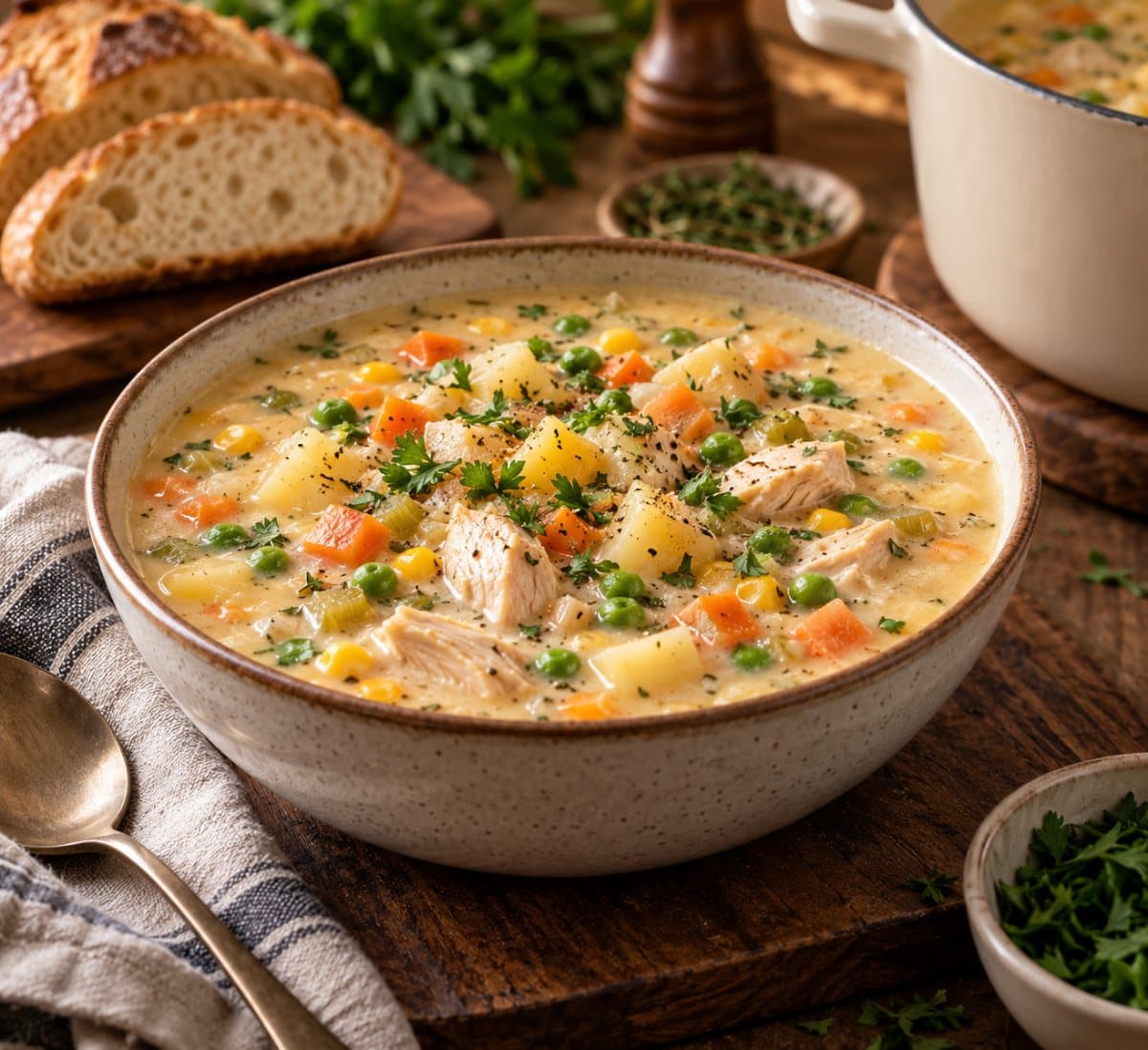 Soupe crémeuse au poulet et légumes