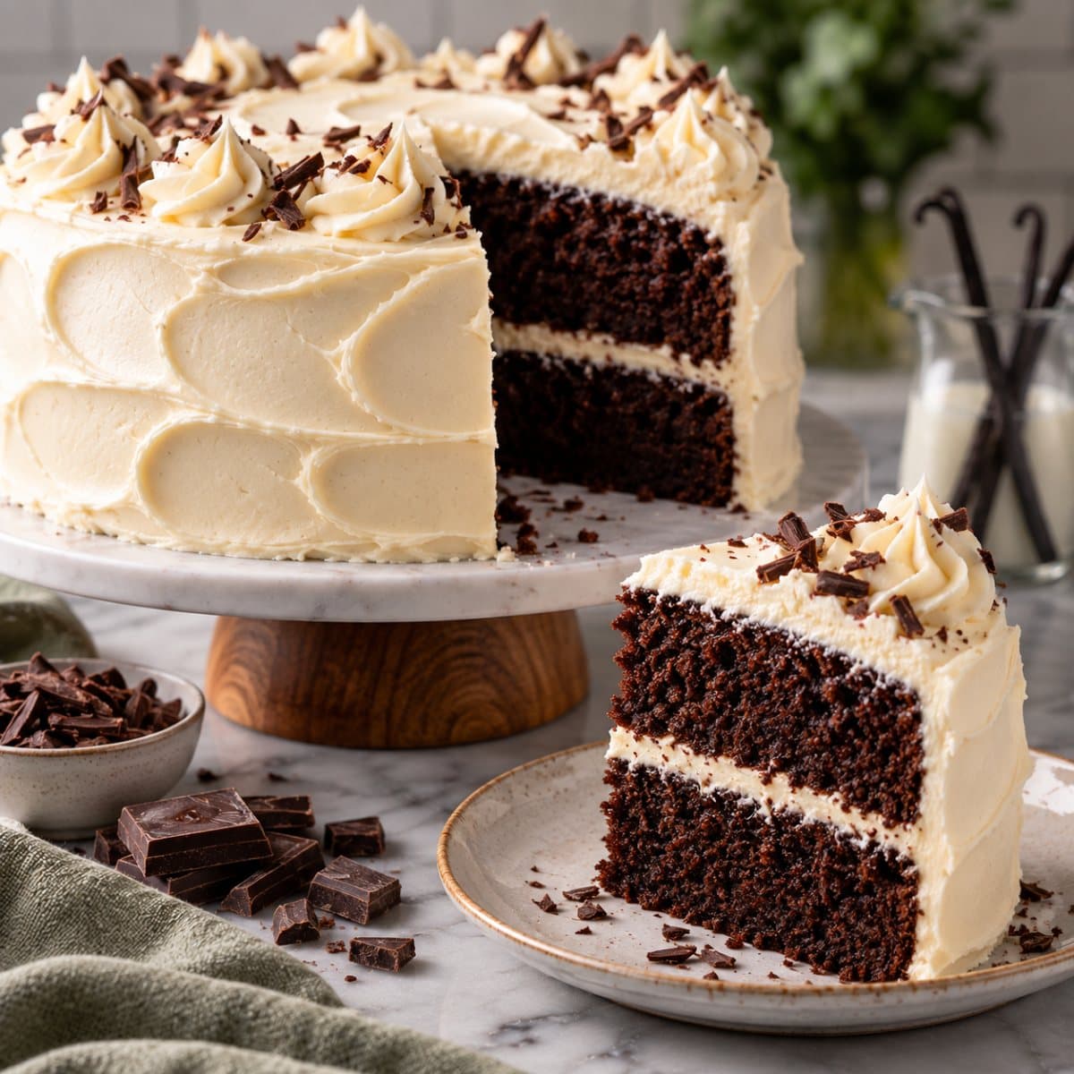 Chocolate cake with creamy vanilla glaze