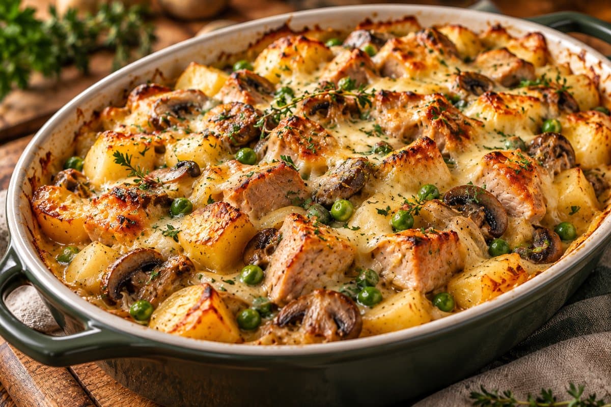 Cassolette de porc à la moutarde et au miel, champignons et pommes de terre