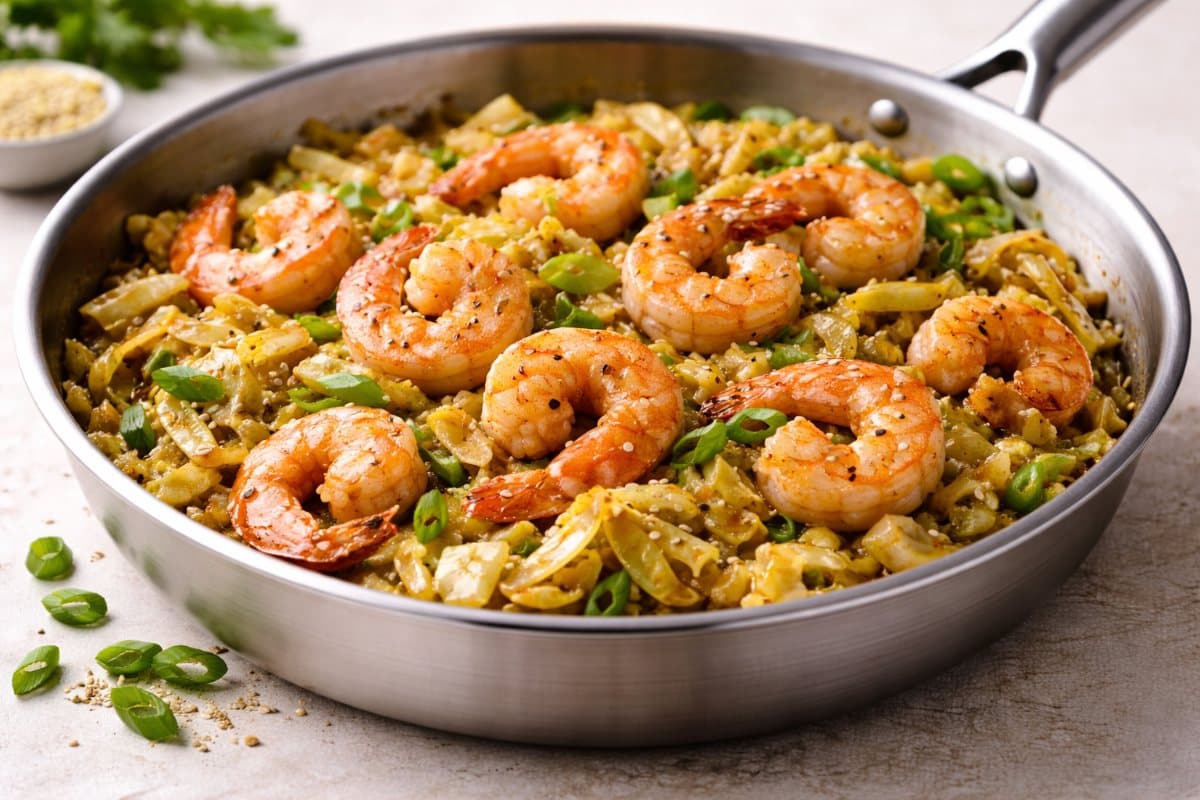 Shrimp sauté with cabbage and sesame