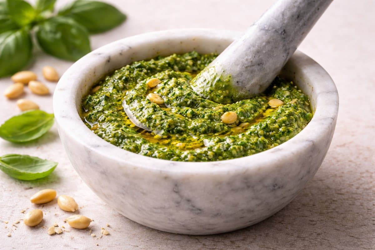 Basil pesto made with a mortar