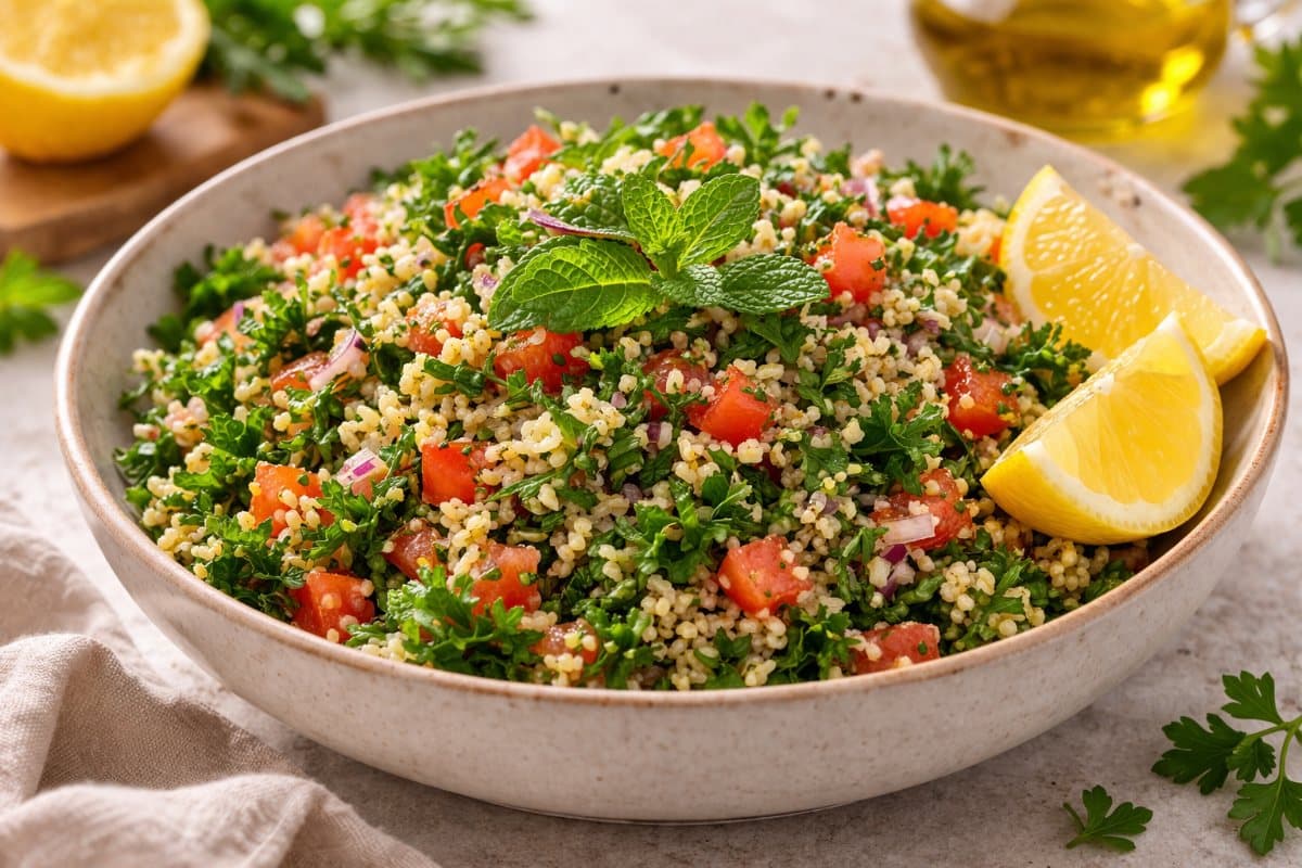 Le taboulé est un plat traditionnel du Liban composé de bulbes de concombre, de tomates, d'oignons, de menthe et de persil frais, mélangés avec du jus de citron, de l'huile d'olive et du sel. Dans cette recette, nous allons ajouter un peu de piment pour donner une touche de chaleur au taboulé.