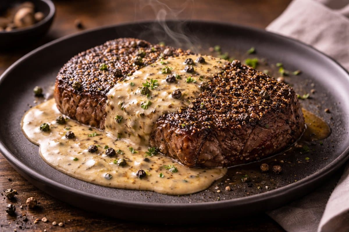 Peppercorn steak with flambéed sauce