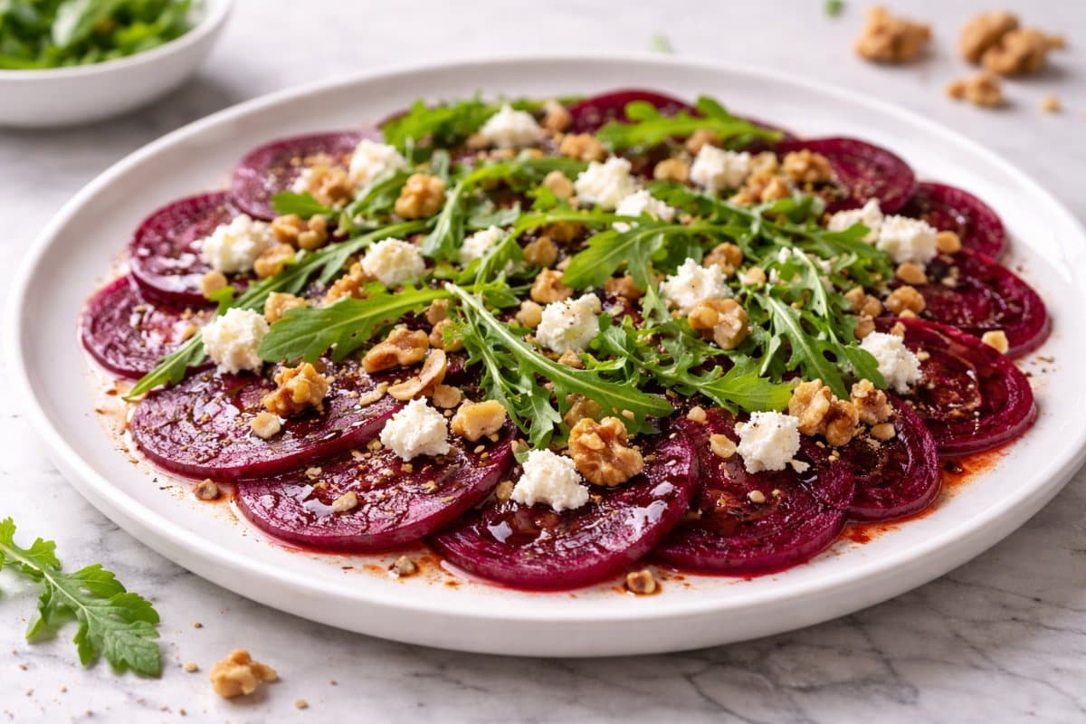 Carpaccio de betterave, chèvre et noix