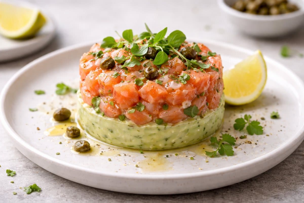 Fresh salmon tartare, capers and shallot