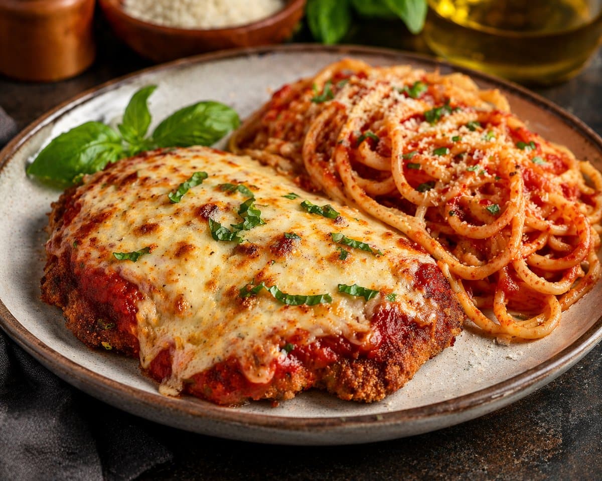 Breaded veal cutlets with tomato pasta sauce.