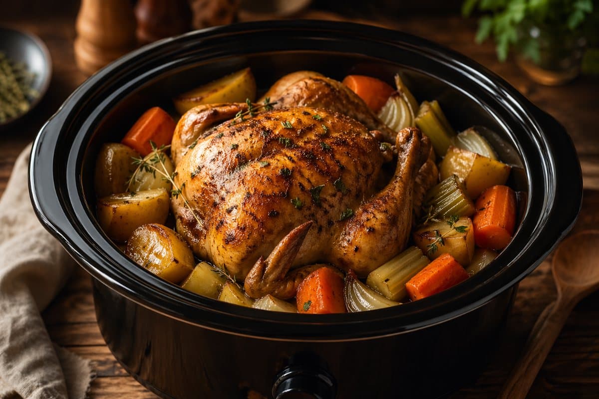 Whole chicken cooked in a slow cooker with vegetables.