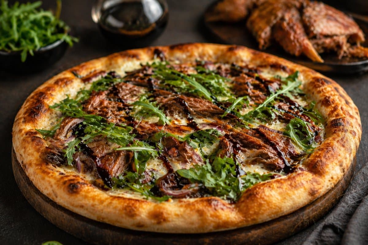 Pizza au canard confit, roquette et glaze balsamique