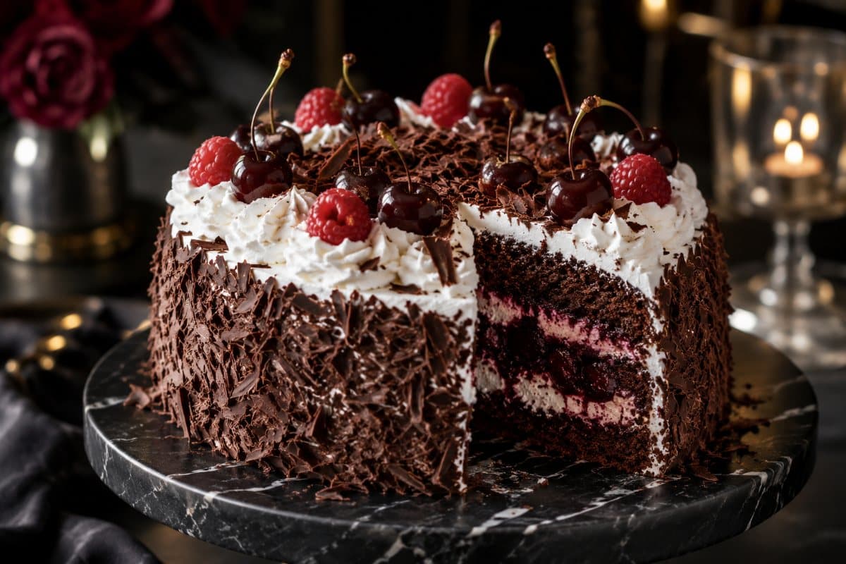 Black Forest Cake with Cherries and Raspberries