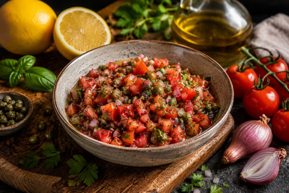 Sauce vierge aux tomates, câpres et fines herbes