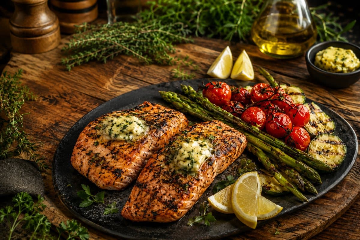 Truite grillée au BBQ, beurre citronné aux herbes et légumes rôtis