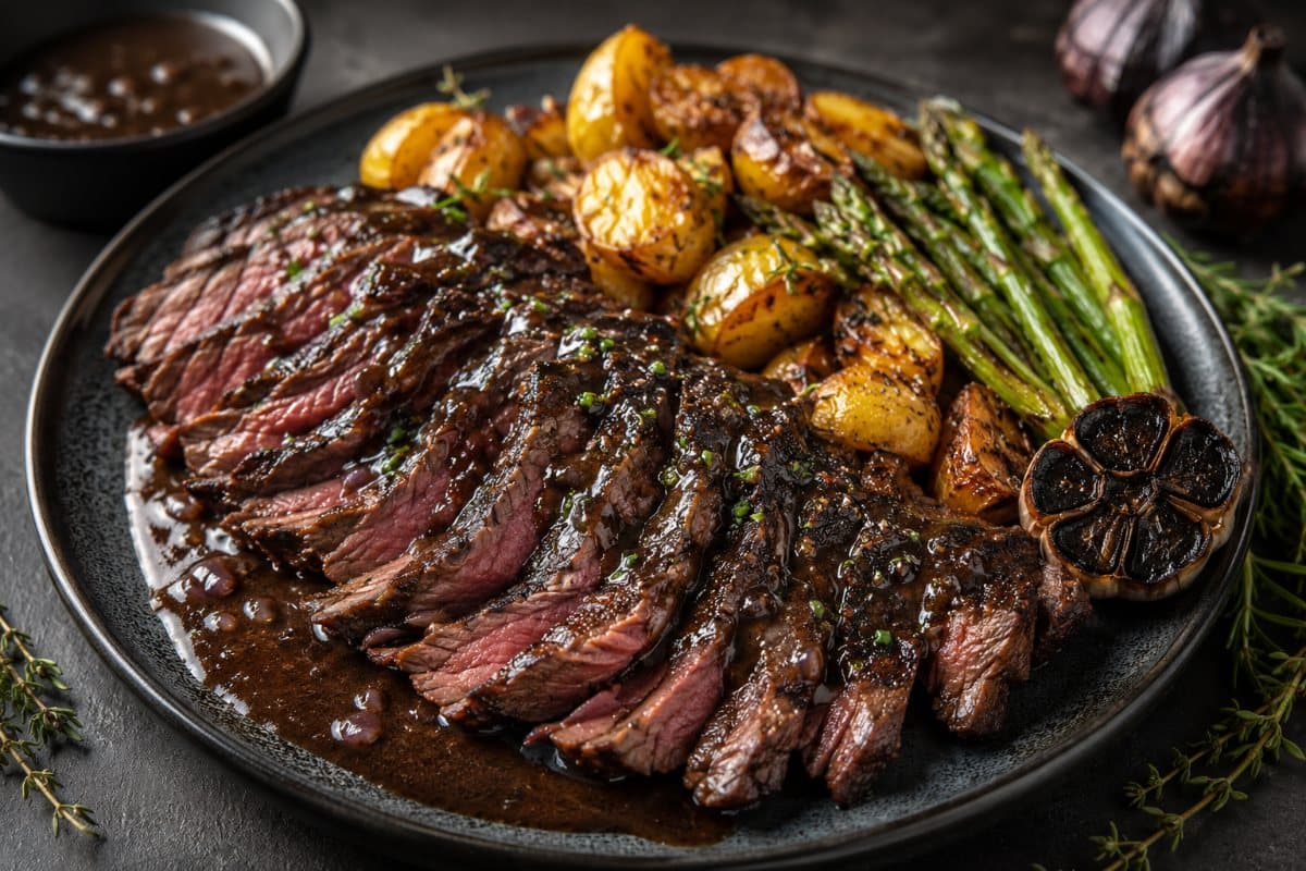Onglet de bœuf mariné, sauce à l'ail noir et vin rouge
