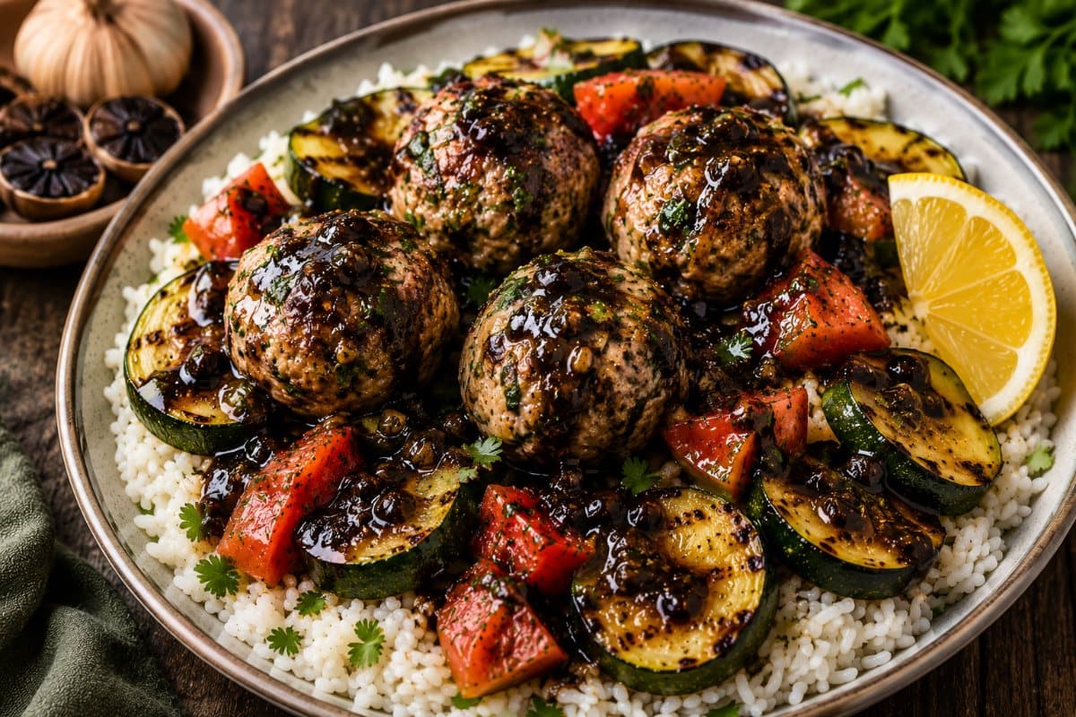 Boulettes de porc méditerranéennes, courgettes et riz basmati