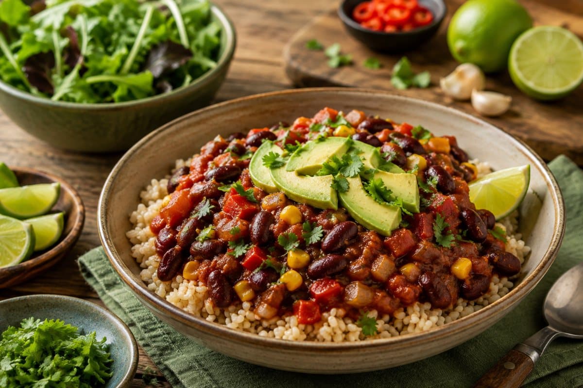 Smoky vegetarian chili with red beans, corn and lime