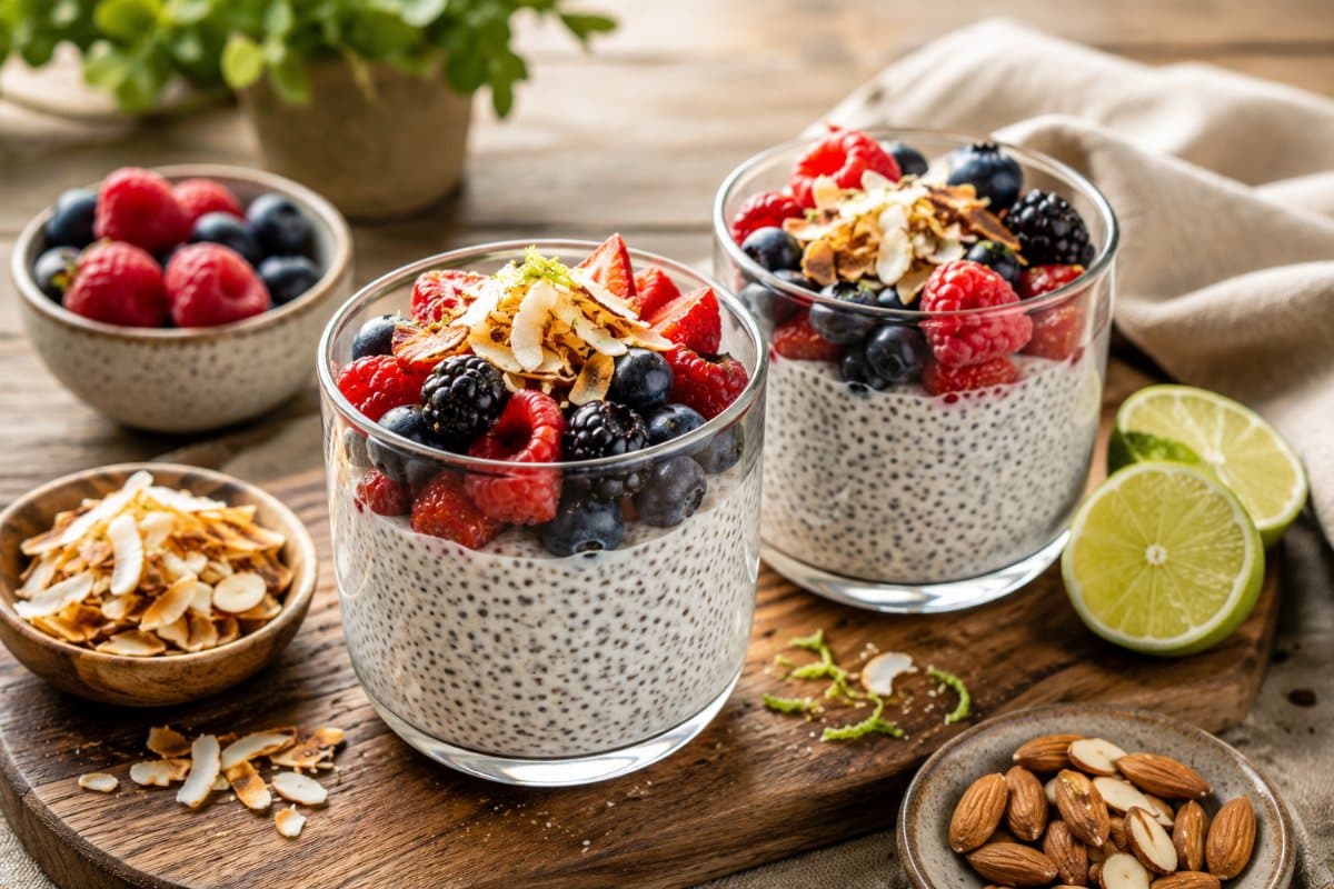 Pouding de chia coco, fruits rouges, érable et lime