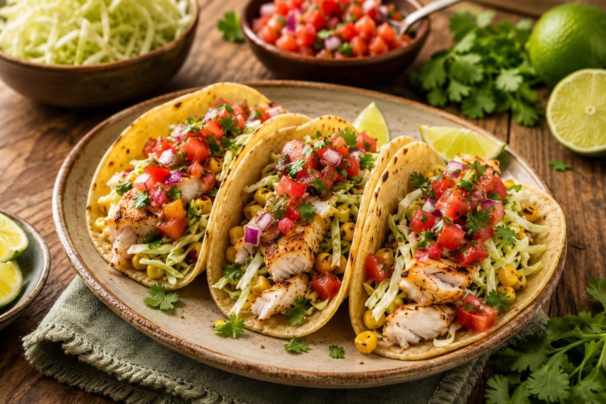 Grilled fish tacos, crispy cabbage and fresh salsa