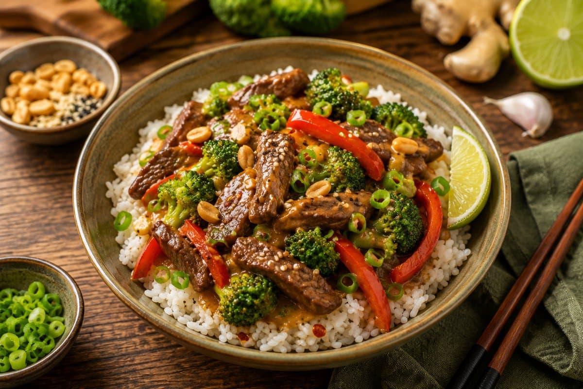 Sauté beef, broccoli, and bell pepper, ginger-soy sauce