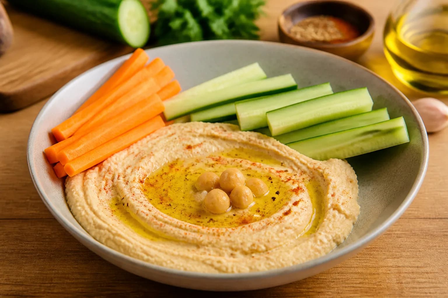 Bâtonnets de carotte et concombre, houmous maison