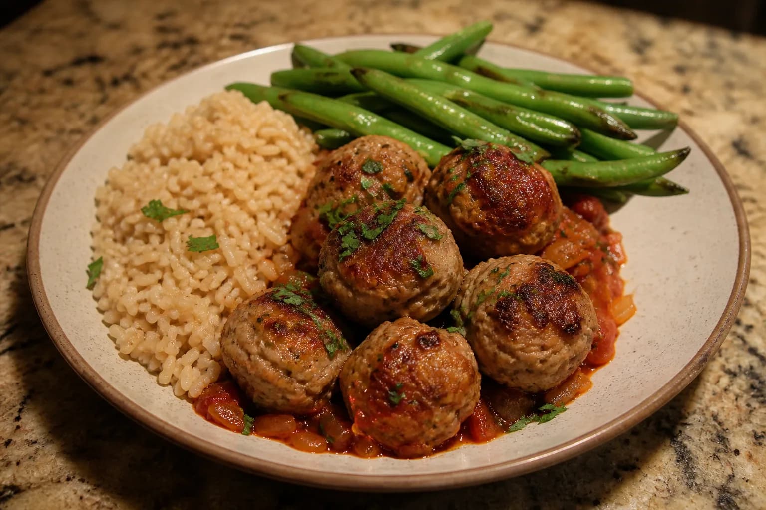 Boulettes de dinde maison, riz brun et légumes verts