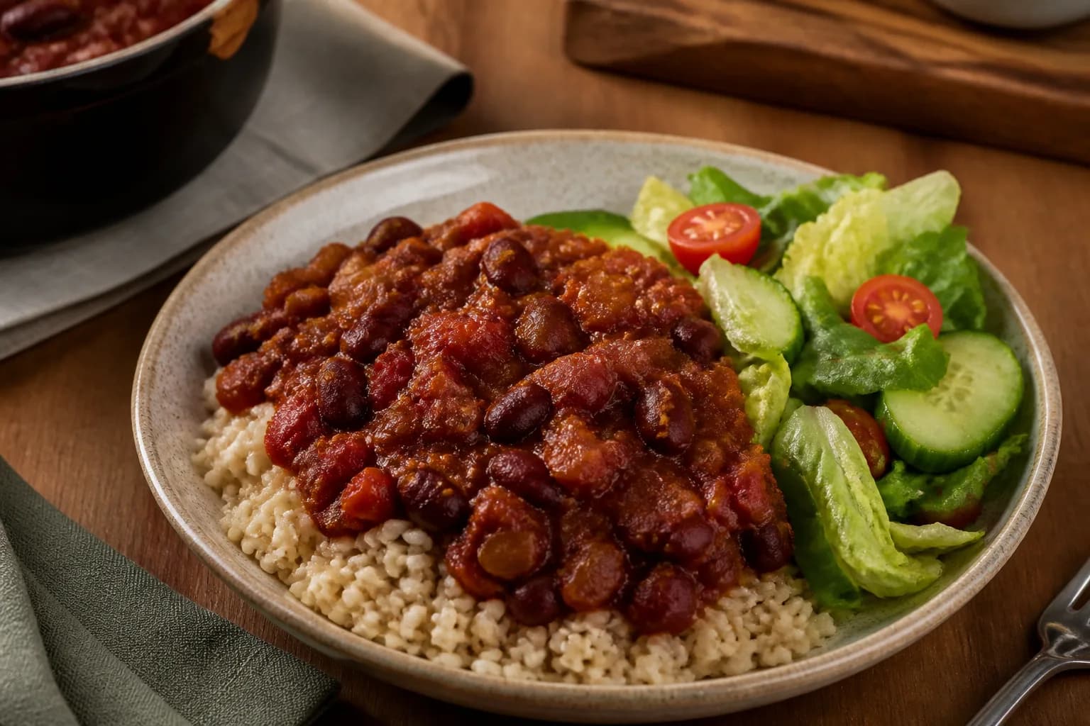 Chili aux haricots rouges, riz brun et salade