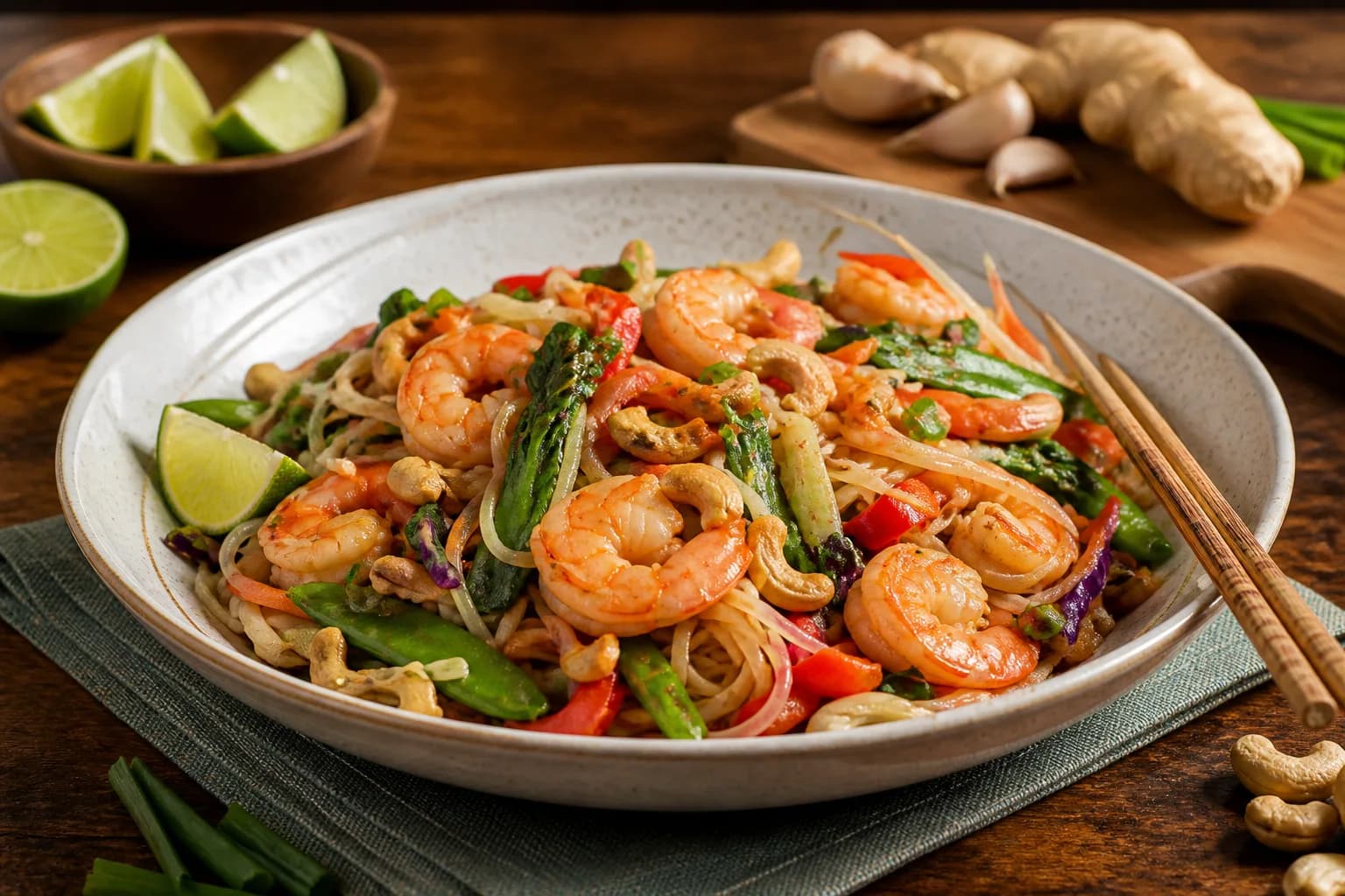 Crevettes sautées, nouilles de riz et noix de cajou