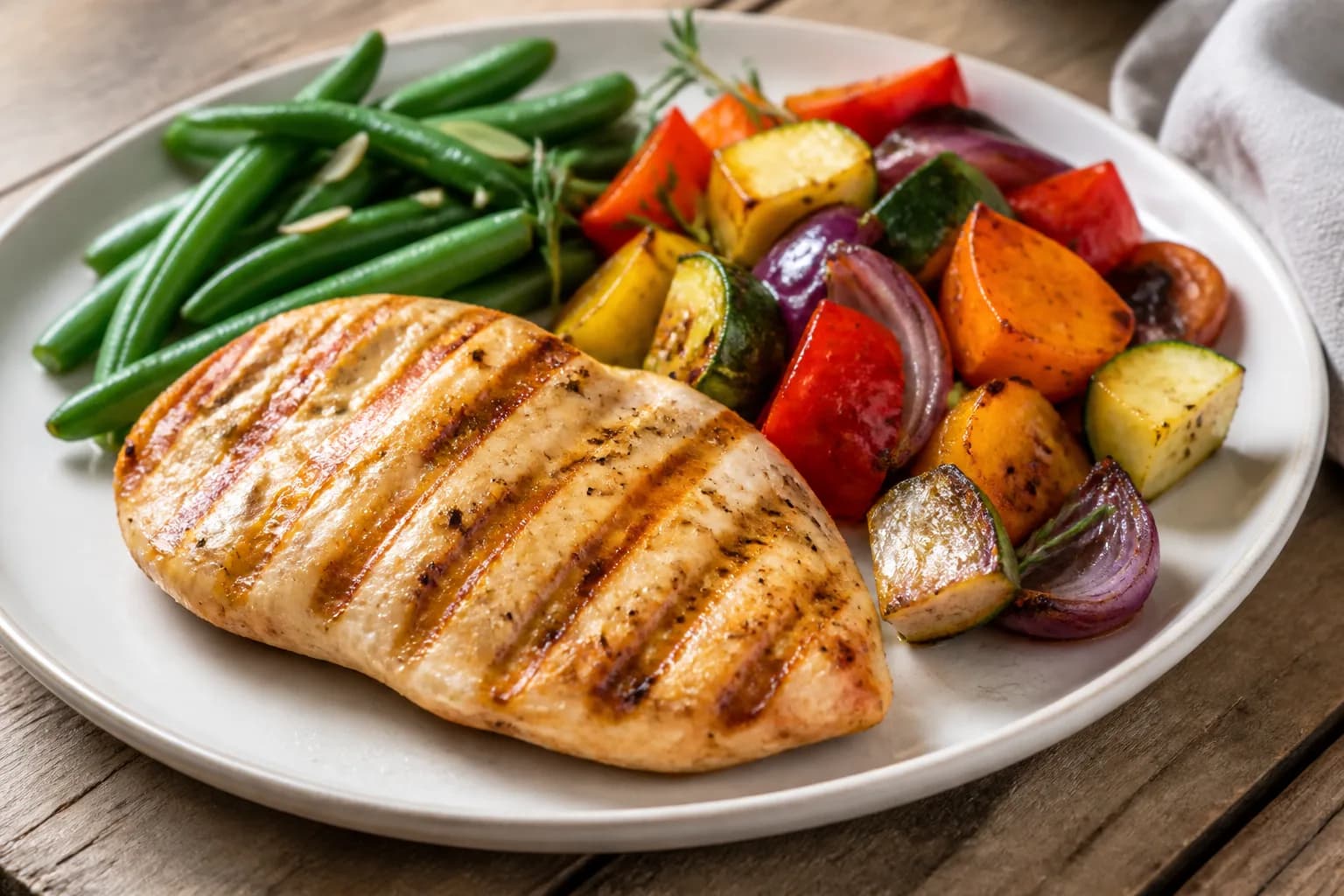 Dinde grillée, légumes variés et haricots verts
