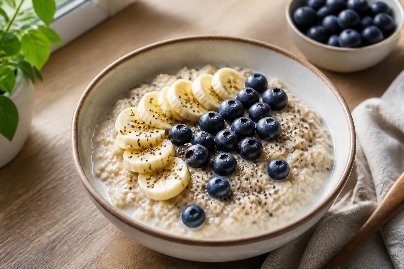Gruau à l’avoine, boisson d’amande, banane et bleuets