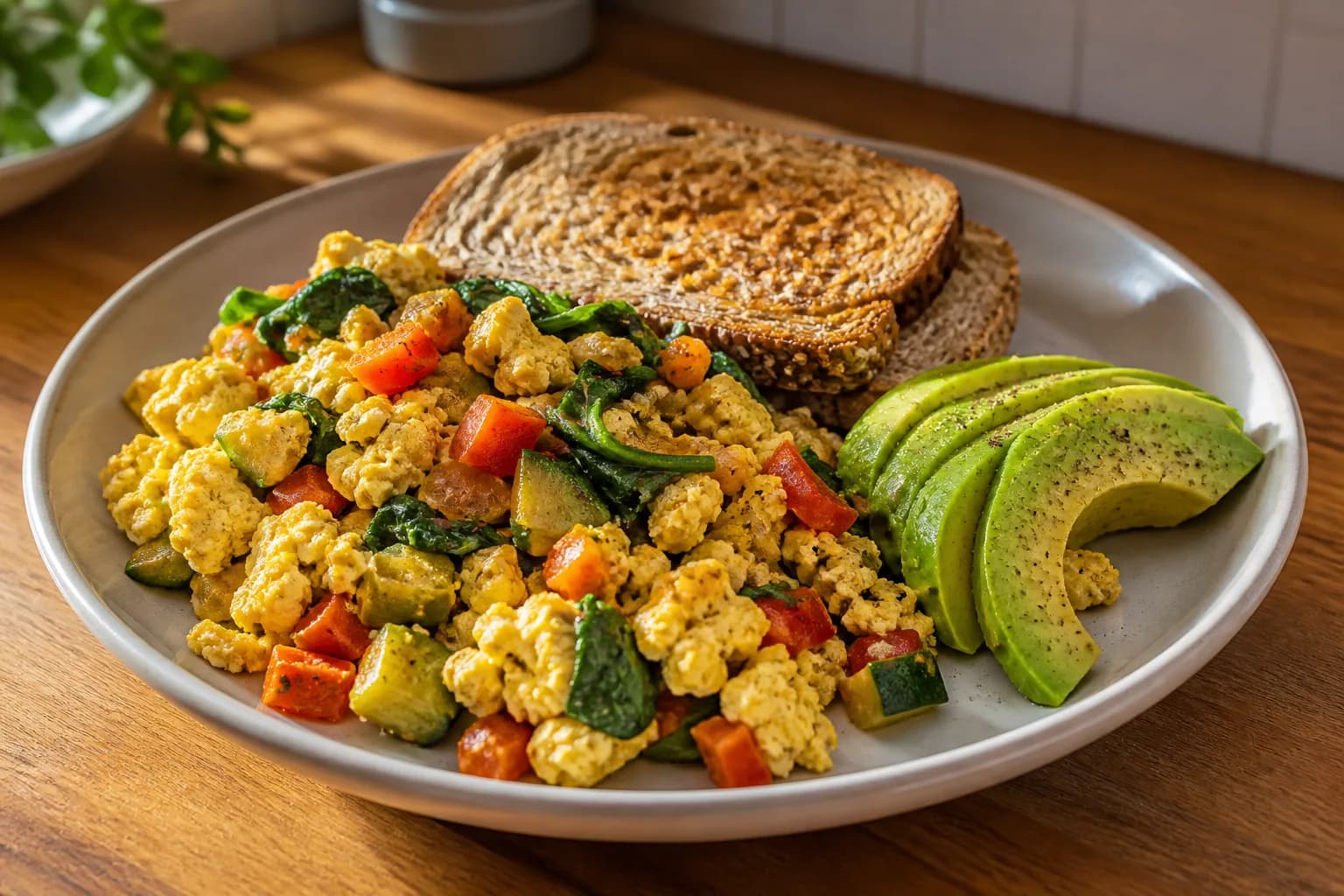 Œufs brouillés aux légumes, pain et avocat