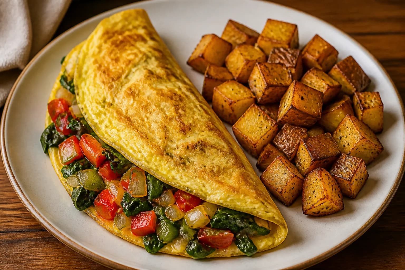 Omelette aux légumes et pommes de terre rôties