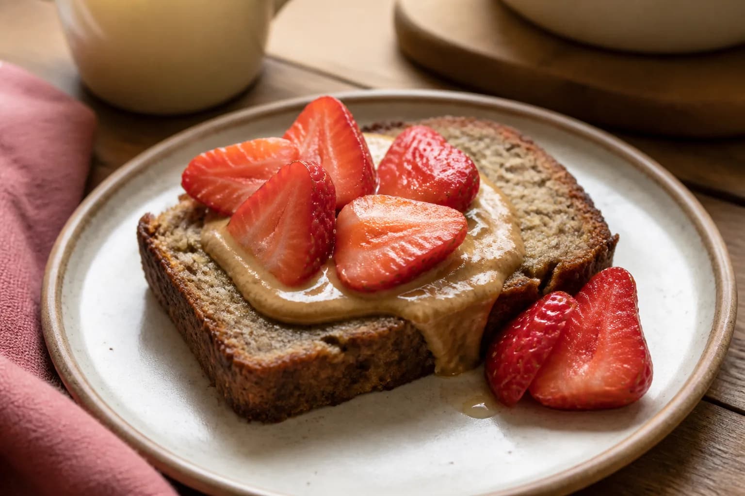 Pain aux bananes sans lait ni soya, beurre d’amande et fraises