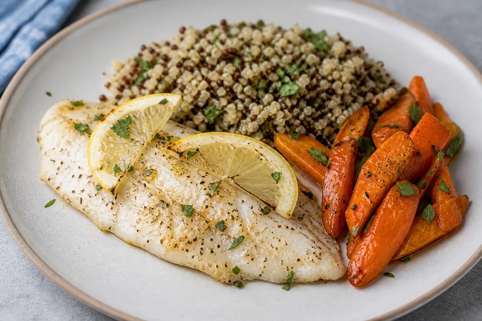 Poisson blanc au citron, couscous de quinoa et carottes rôties