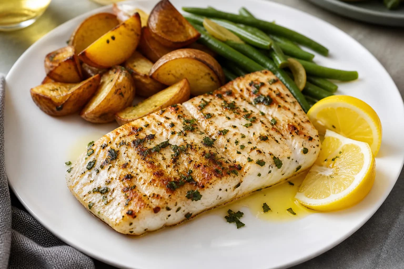 Poisson grillé, pommes de terre rôties et haricots verts