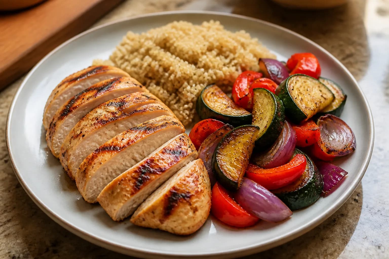 Poulet grillé, quinoa et légumes rôtis