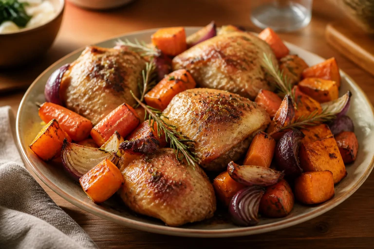 Poulet rôti, patate douce et légumes rôtis