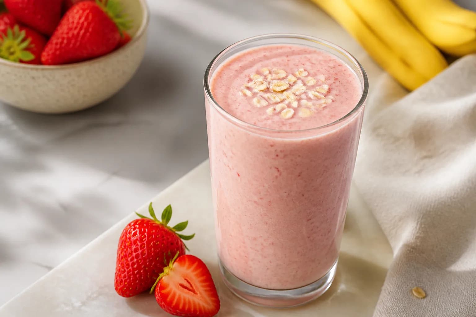 Smoothie banane-fraises à l’avoine et boisson d’amande
