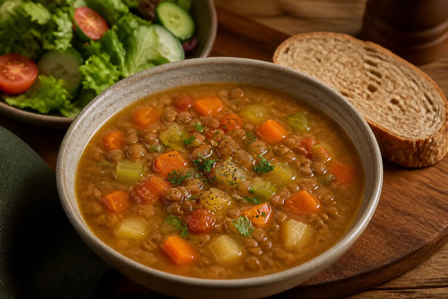 Soupe aux lentilles et légumes, salade et pain
