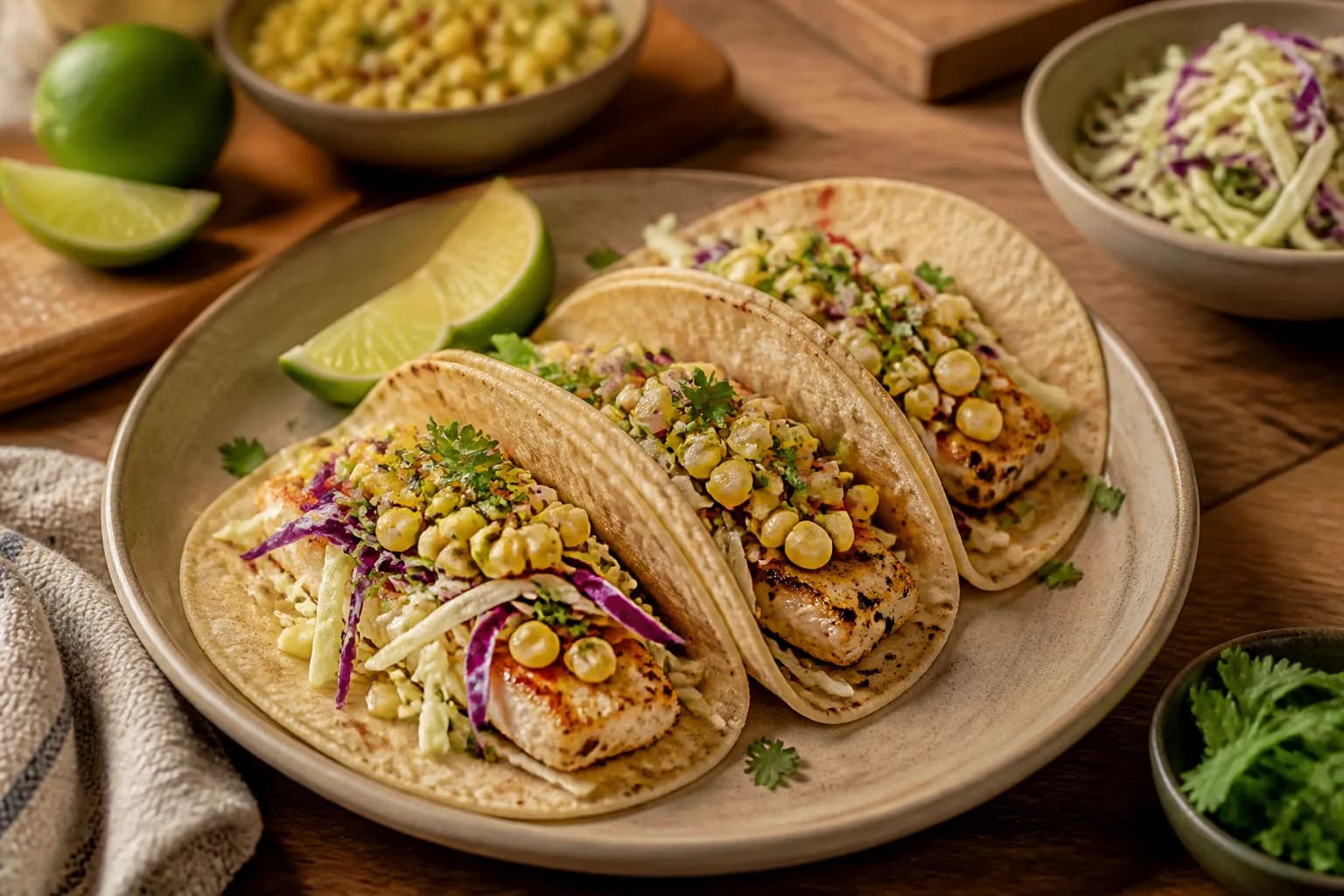 Tacos au poisson, salsa et salade de chou